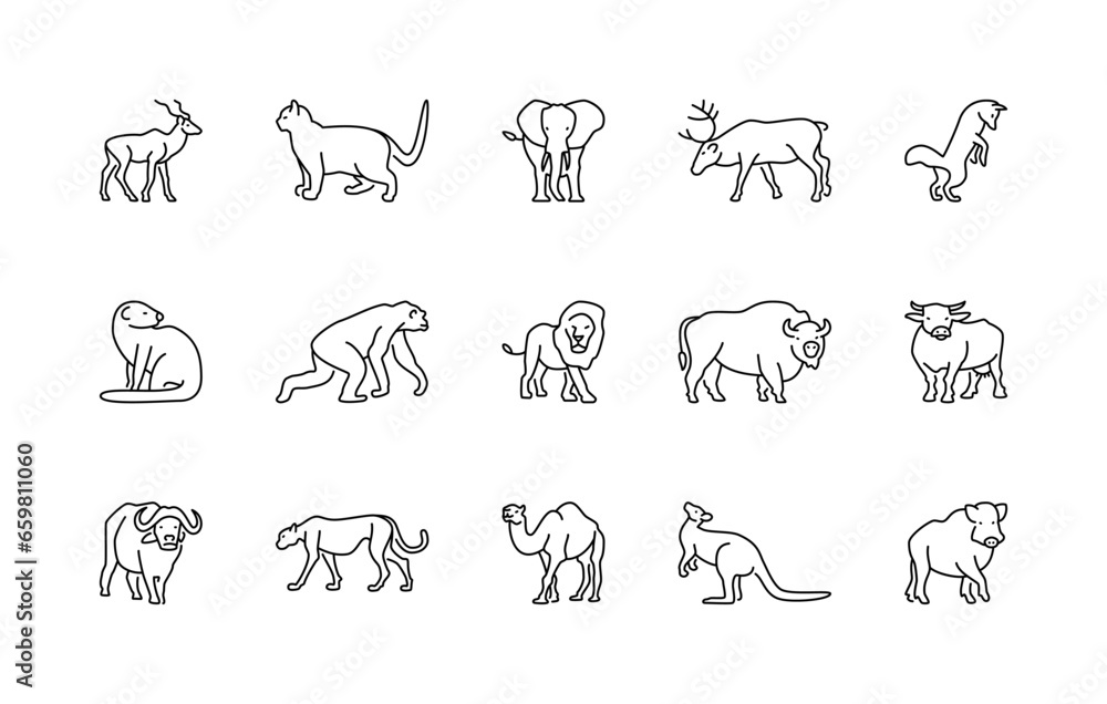 Animals linear vector icons. Isolated outline of animals gazelle, cat, elephant, deer and more on a white background. Vector animals symbol set. Animals linear vector icons. Isolated outline of animals gazelle, cat, elephant, deer and more on a white background. Vector animals symbol set.