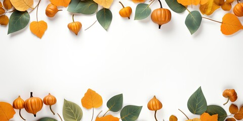 Autumn fall thanksgiving holiday greeting card - Frame made of eucalyptus leaves and pumpkins, modern, minimalism, isolated on white table background, top view