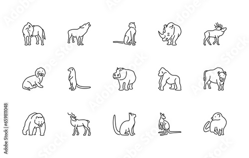 Animals linear vector icons. Isolated outline of animals horse, wolf, cheetah and more on a white background. Vector animals symbol set.