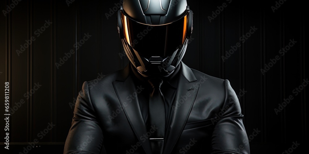 Biker in suit and helmet on the dark background.