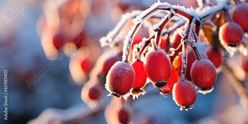 Close up of ripe frozen red rosehip( rosa canina) in winter with ice crystals photo