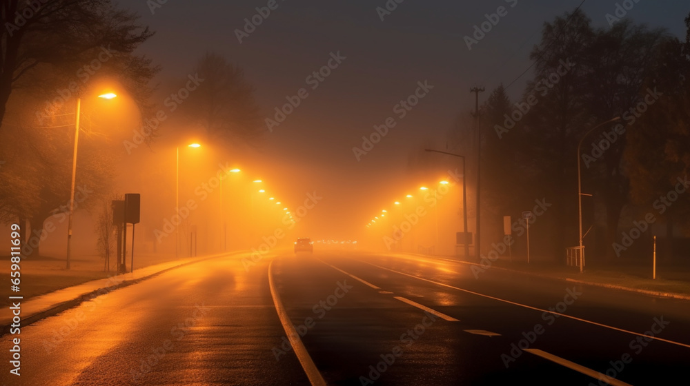 motion blur panorama of lights and fog on a road at night