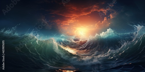 Dramatic evening sea ocean water waves. Storm adventure explore swim vibe.