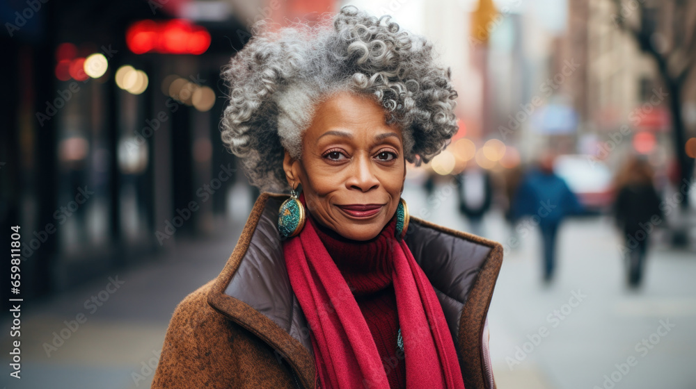 Black senior woman on the street of City, Black history month.
