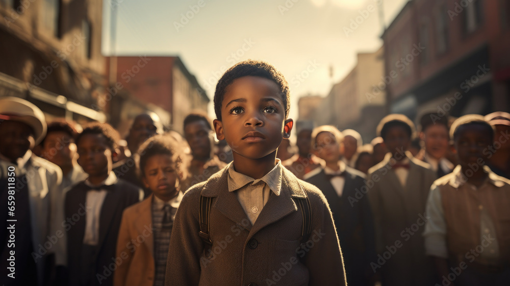 Calling for civil rights for black Child in America black history month concept - obrazy, fototapety, plakaty 
