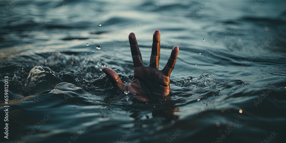 Hand in sea asking help. person drowning and sinking. - obrazy, fototapety, plakaty 