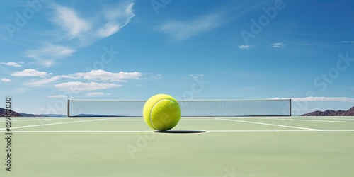 Illustration of a pristine tennis court with a yellow tennis ball about to be served © Влада Яковенко