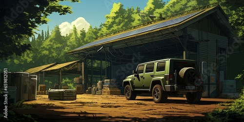 Illustration of automobile parked against electric vehicle supply equipment in green forest on sunny summer day