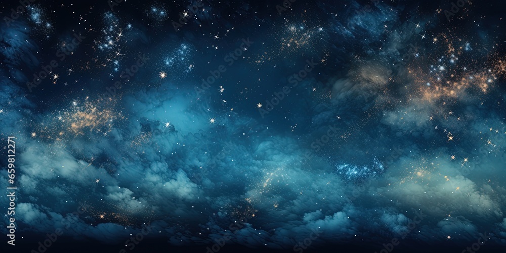 Fototapeta premium Party background banner panorama long - firework fireworks on rustic dark blue night sky texture