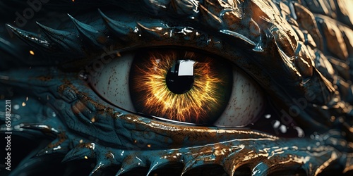 Myth fantasy dragon eye. Macro close up illustration decoration graphic art view lokk watching at you photo