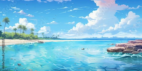 Painting style illustration of beautiful peaceful tropical ocean lagoon banner background wallpaper