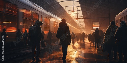 People at rush hour on train station photo
