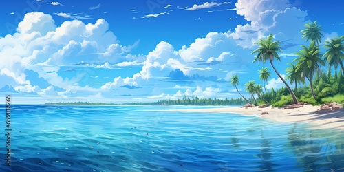 Painting style illustration of beautiful peaceful tropical ocean lagoon banner background wallpaper