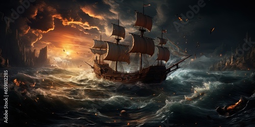 Pirate ship in a ferocious sea battle photo
