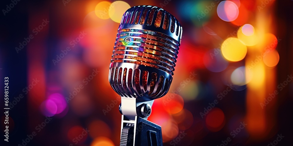 Studio microphone in neon lights. sound recording equipment on bokeh background. Studio microphone in neon lights. sound recording equipment on bokeh background.