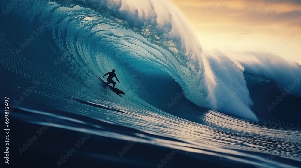 Surfer rides giant wave - obrazy, fototapety, plakaty 
