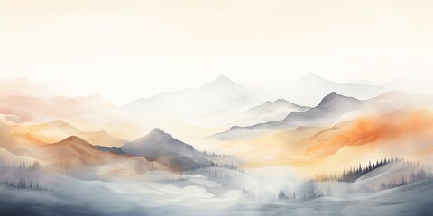 Soft pastel color watercolor abstract brush painting art of beautiful mountains, mountain peak minimalism landscape with golden lines, panorama banner illustration, white background