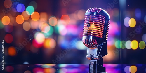 Studio microphone in neon lights. sound recording equipment on bokeh background. photo
