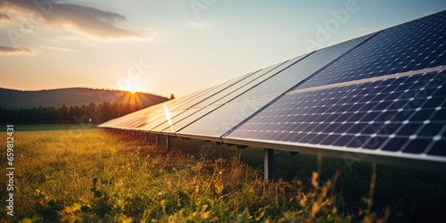 Solar panel at grass outdoor nature sunset sun landscape. Alternative eco power energy electricity. © Влада Яковенко