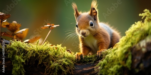Wildlife animal photography background - Sweet young red squirrel( sciurus vulgaris) baby on a mossy tree trunk in forest © Влада Яковенко