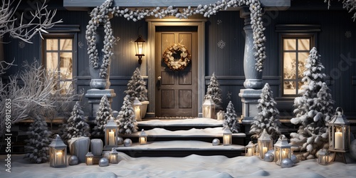 Xmas merry christmas new year decoration decor background of house home front door porch with garland and holiday decor. Winter family celebration vibe.