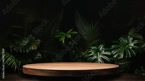 Round Wooden Table Adorned with Exotic Tropical Leaves