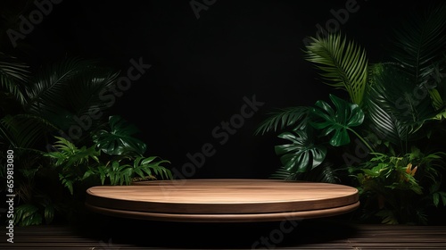 Empty round wooden table and tropical leaves