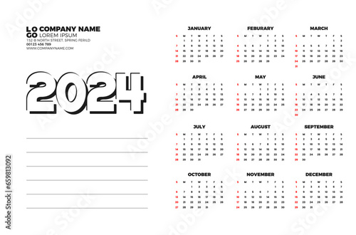 Calendar 2024 template vector. simple minimal design. Planner 2024 year. Wall calendar 2024 year.