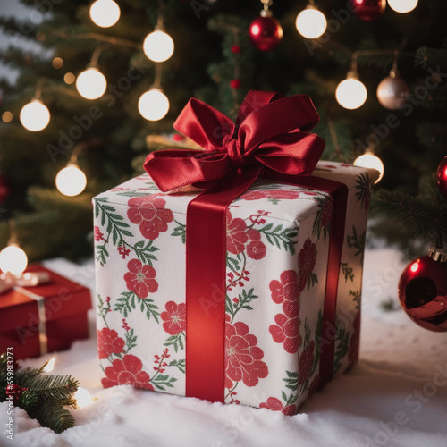 Beautiful gift box, tree branches and Christmas decor on wooden table against blurred festive lights, birthday and christmas concept . Generative AI