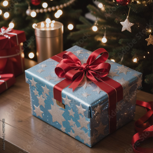 Beautiful gift box, tree branches and Christmas decor on wooden table against blurred festive lights, birthday and christmas concept . Generative AI