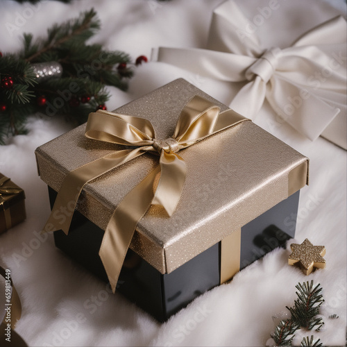 Beautiful gift box, tree branches and Christmas decor on wooden table against blurred festive lights, birthday and christmas concept . Generative AI