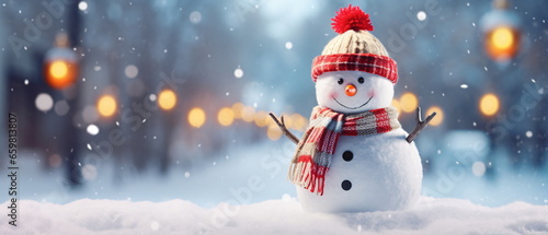 Christmas and new year background. Christmas decoration with a cute cheerful snowman in the snow in a winter park with beautiful bokeh. wallpaper background for ads or webdesign Generative ai © Mickael