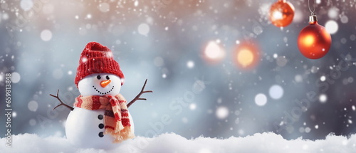 Christmas and new year background. Christmas decoration with a cute cheerful snowman in the snow in a winter park with beautiful bokeh. wallpaper background for ads or web design Generative ai © Mickael