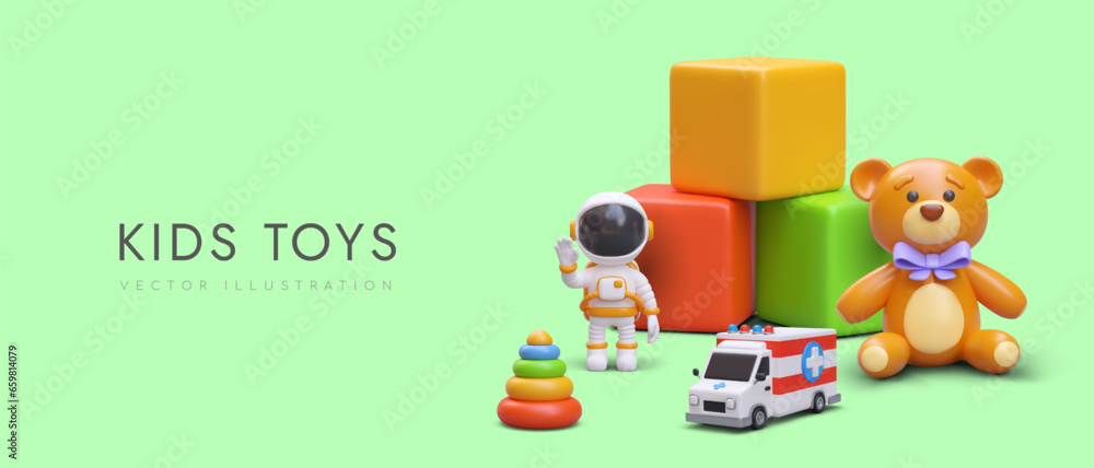 Fototapeta premium Poster with collection of different toys on green background. 3d cubes, teddy bear with purple bow, astronaut and ambulance car. Vector illustration with place for text