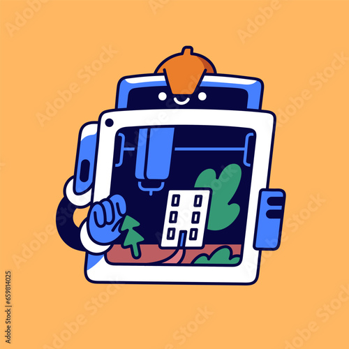 3D printer creates prototypes. Smart robot printing plastic models from polymer wire. AI machine construct product. Modern technology of manufacturing process. Flat isolated vector illustration