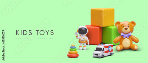 Poster with collection of different toys on green background. 3d cubes, teddy bear with purple bow, astronaut and ambulance car. Vector illustration with place for text