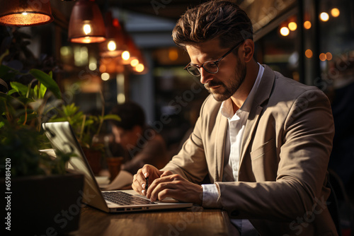 Portrait senior man using laptop for working at pub, Freelance concept