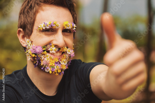 Принти на полотні Man's facial hair replaced with spring flowers