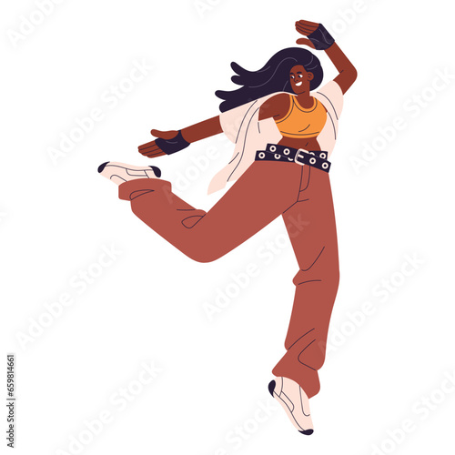 Dancer perform hiphop. Performer in freestyle street dance. Young woman jumping in hip hop pose. Modern, contemporary movements for urban party. Flat isolated vector illustration on white background