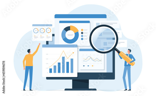 business people working for data analytics and monitoring on web report dashboard monitor and business finance investment design concept
