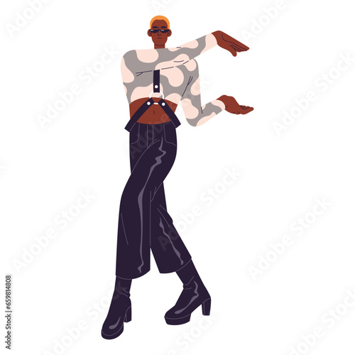 Fashionable man in sunglasses perform vogue. Performer dancing contemporary, modern dance, move hands. Dancer wearing trendy outfit, high heels. Flat isolated vector illustration on white background
