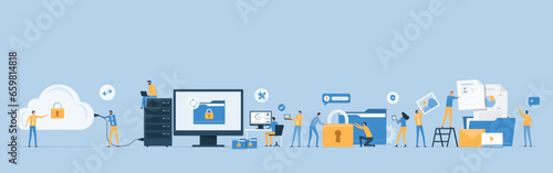 flat vector illustration  business people team working collaboration concept  and data  transfer backup on cloud server security process concept
