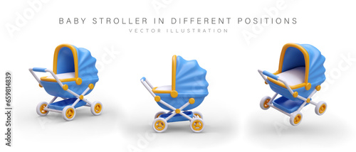 Set of blue and yellow baby carriages in different positions. Cute illustrations in cartoon style. Accessory for safe and comfortable transportation of child. Isolated images