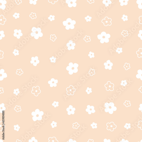 Seamless pattern Flower background randomly placed on an orange background Hand drawn design in cartoon style, used for fabrics, textiles, publications, gift wrapping, vector illustration.