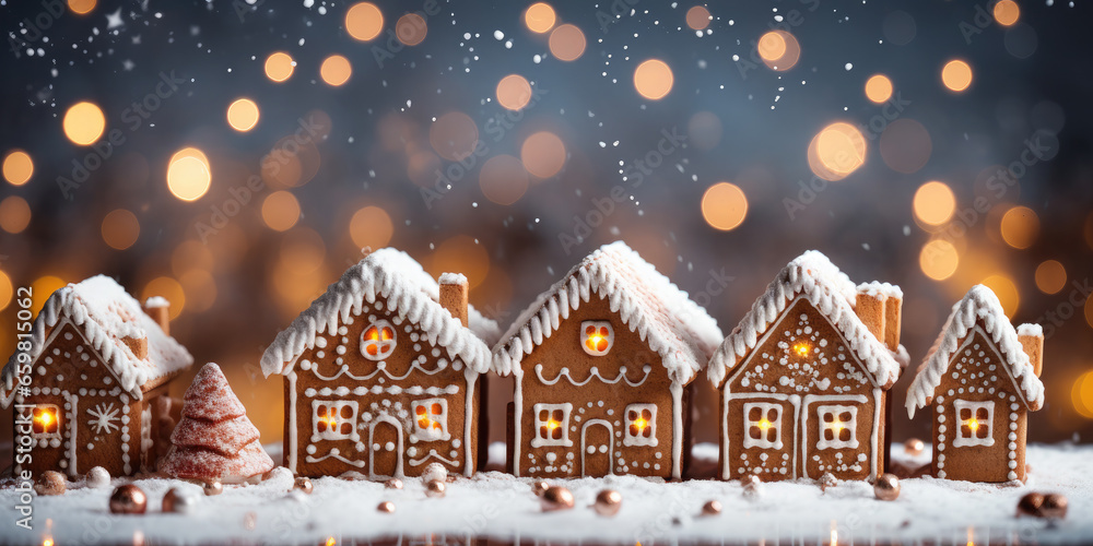 Christmas Gingerbread house on the background of golden festive bokeh.Christmas baking.Holiday mood. Banner Christmas Gingerbread house on the background of golden festive bokeh.Christmas baking.Holiday mood. Banner