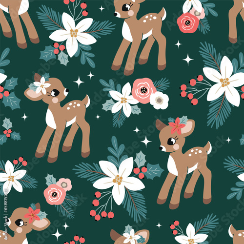 Seamless vector pattern with cute vintage Christmas fawn, poinsettia and berry. Perfect for textile, wallpaper or print design.