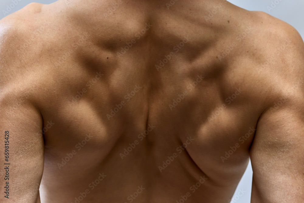 Fototapeta premium Cropped close up photo of muscles of young handsome man, male model posing shirtless isolated over grey studio background. Muscular build back.