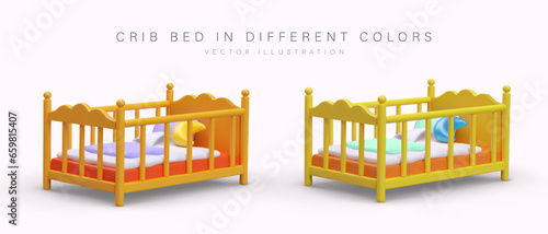 Crib bed. Baby cot in different colors. Set of vector images. Cute bed accessories. Time to sleep. Isolated color illustration on white background. Icons for children furniture store