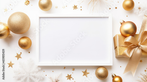 New Year banner background with Christmas gift boxes and golden decorations  golden ball  top view