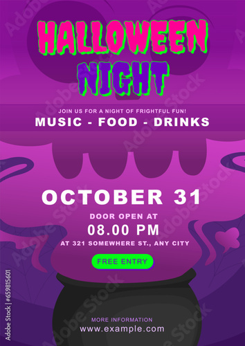 Enchanted Cauldron Halloween Night Poster Layout Template : Enchanting Halloween template. A cauldron, swirling lavender and pink hues, and a skull, it's announcements, posters, and notices.